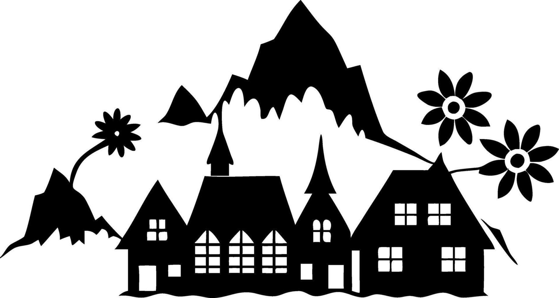 Silhouette Alpine Village Scene with Mountains and Flowers for Art and Design vector
