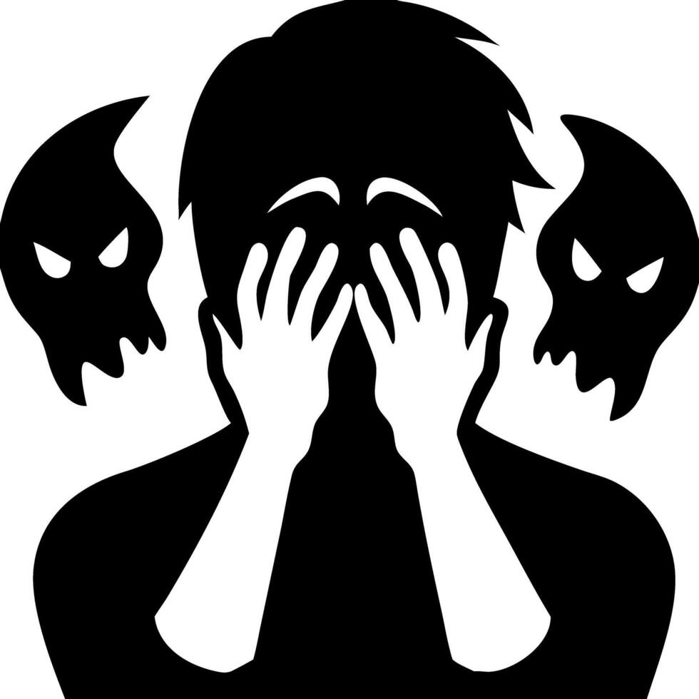 Silhouette Anxiety Stress Concept with Ghostly Faces for Mental Health Awareness vector