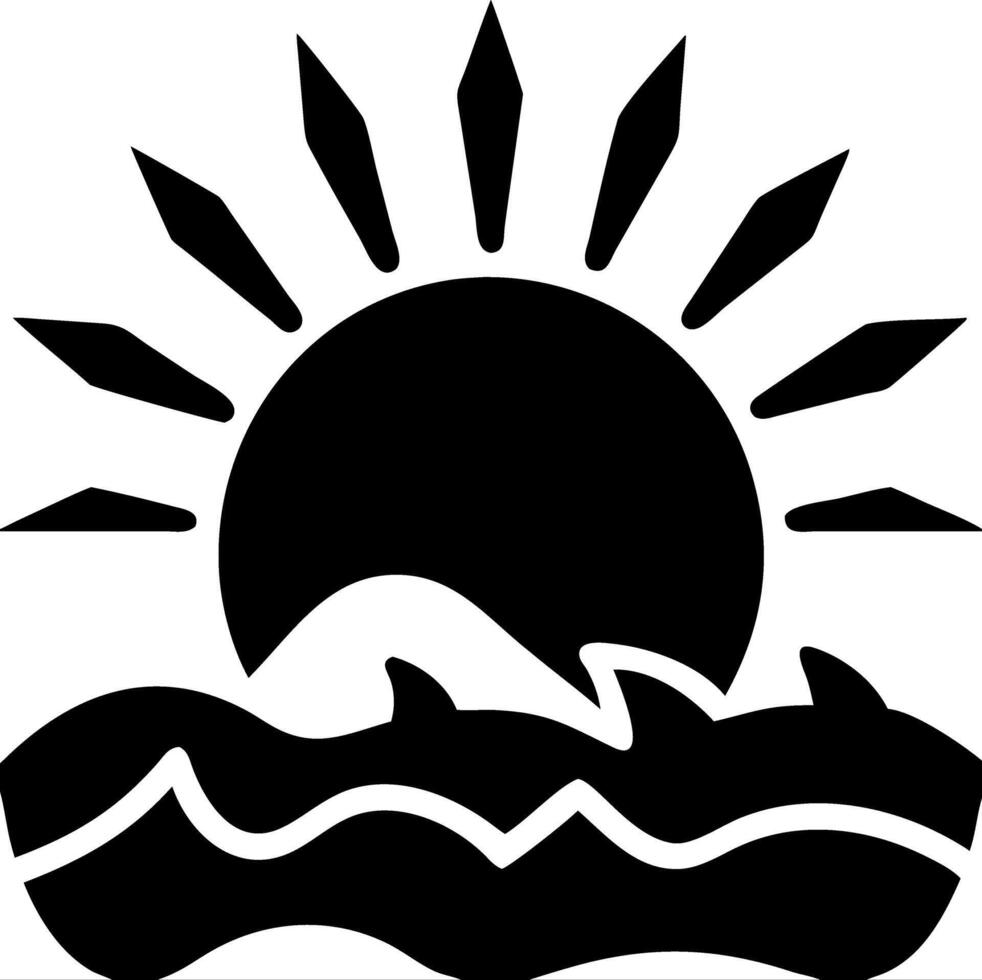 Silhouette Black Sun Over Ocean Waves with Rays Design vector