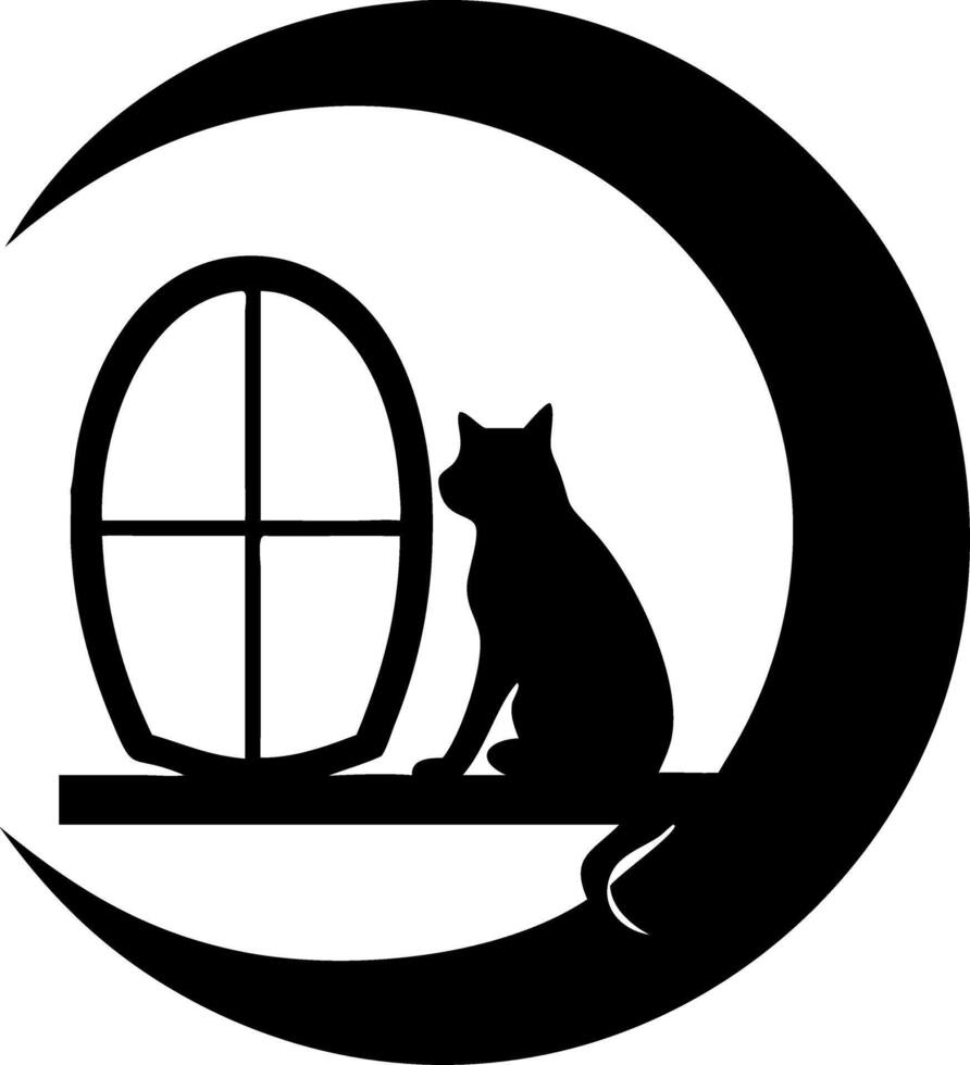 Silhouette Cat Sitting on Crescent Moon by Window Perfect for Wall Art or T-Shirt Design vector