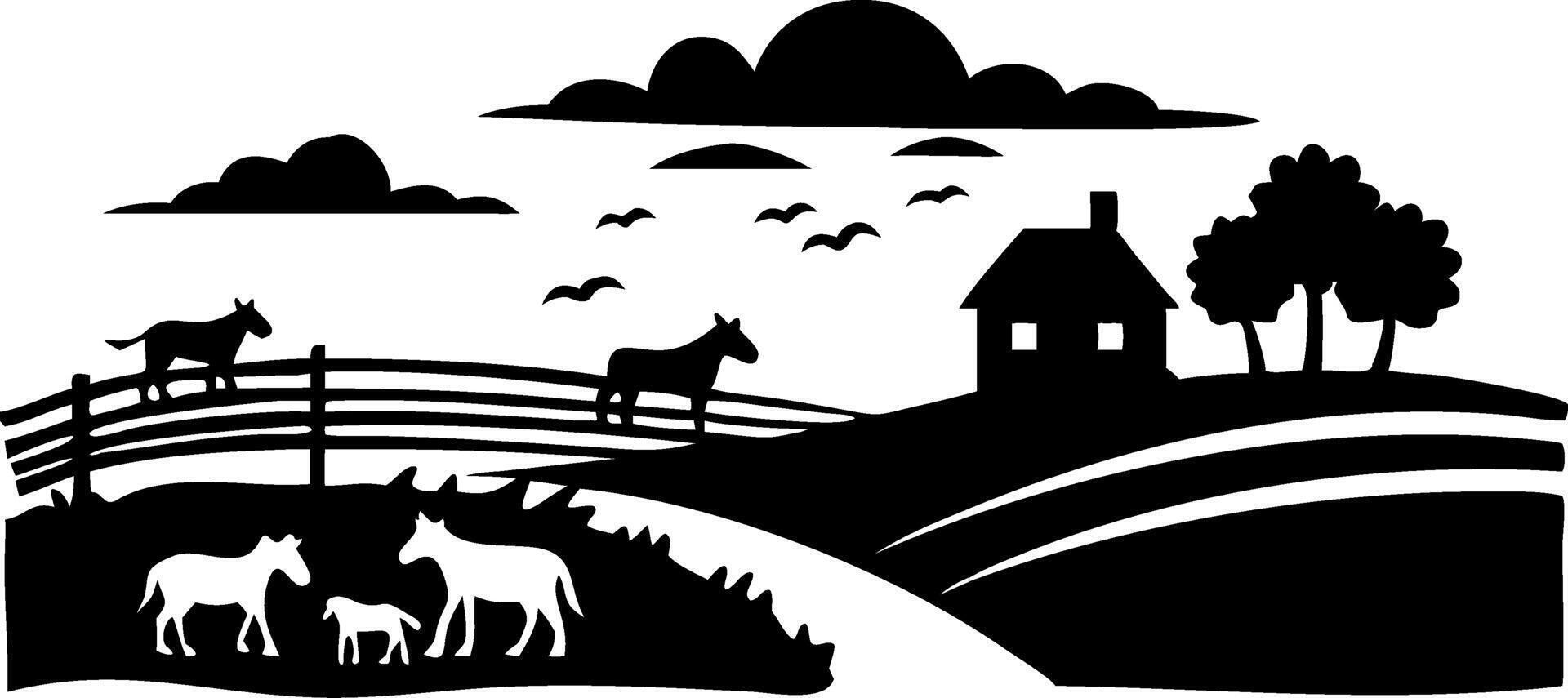 Silhouette Countryside Landscape with Donkeys and Rural Cottage Scene vector