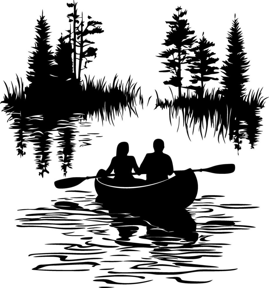 Silhouette Couple Canoeing in Tranquil Lake with Scenic Forest Reflections vector
