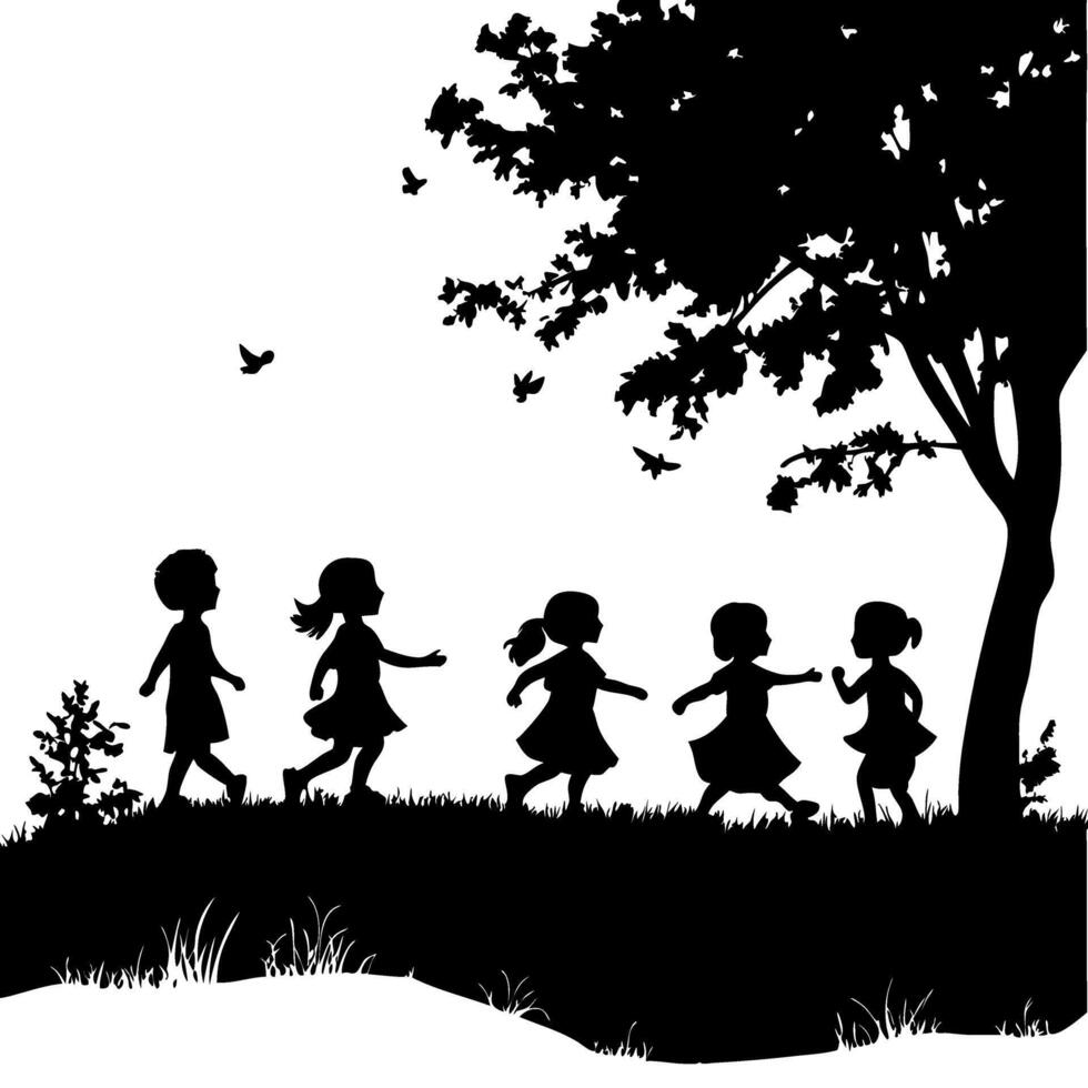 Silhouette Children Playing Outdoors Art for Kids Activities and Illustrations vector