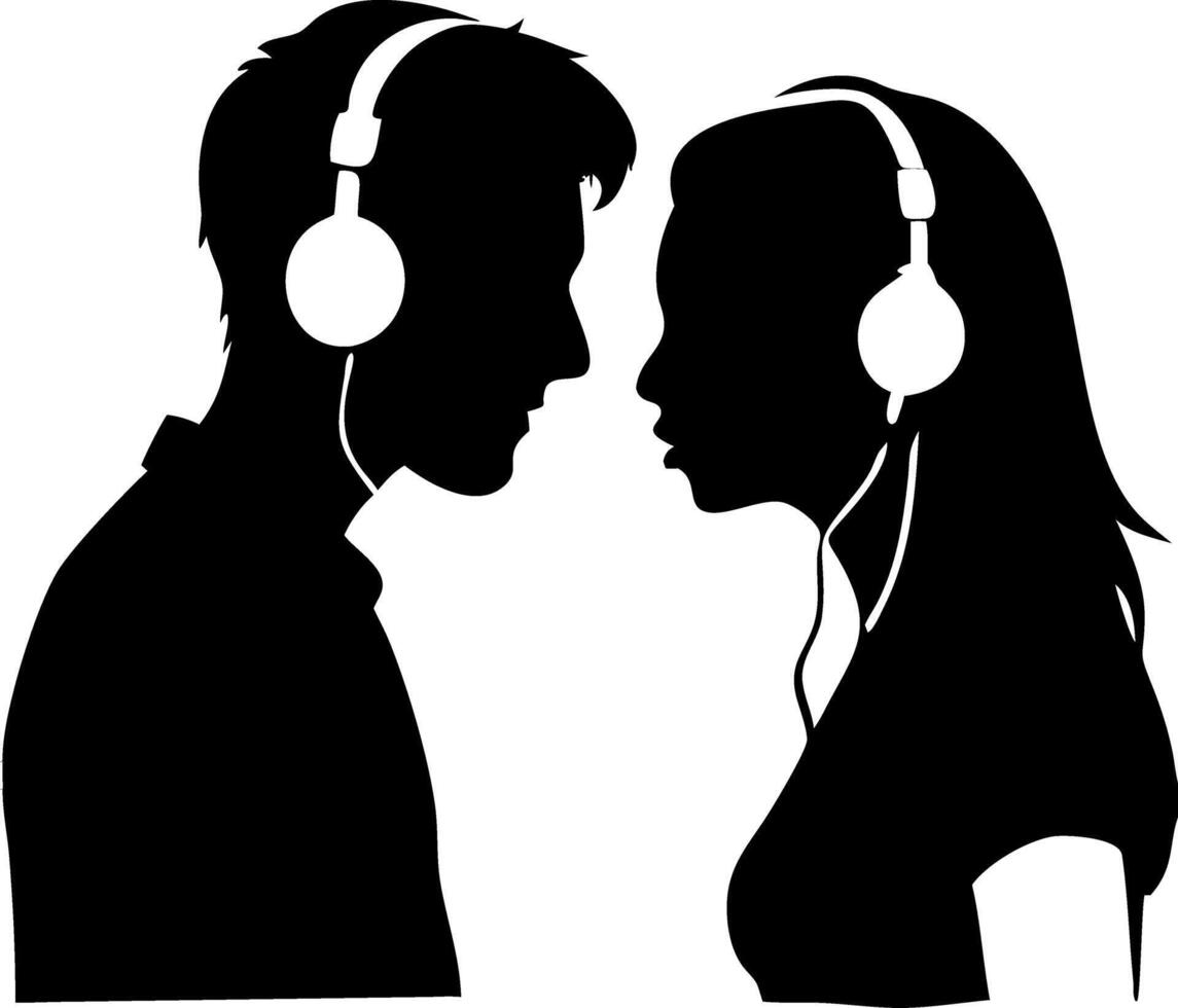 Silhouette Couple in Headphones Sharing Music Connection Art vector