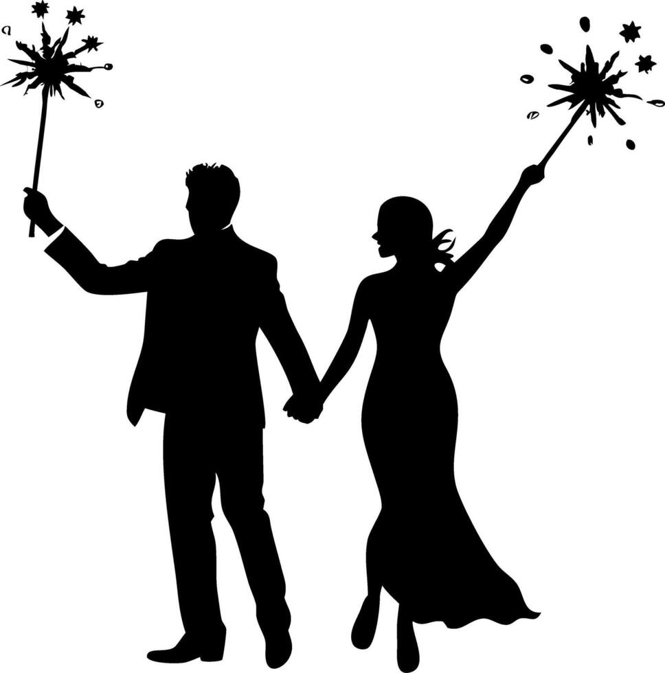 Silhouette Couple Holding Sparklers Romantic Celebration Art Design vector
