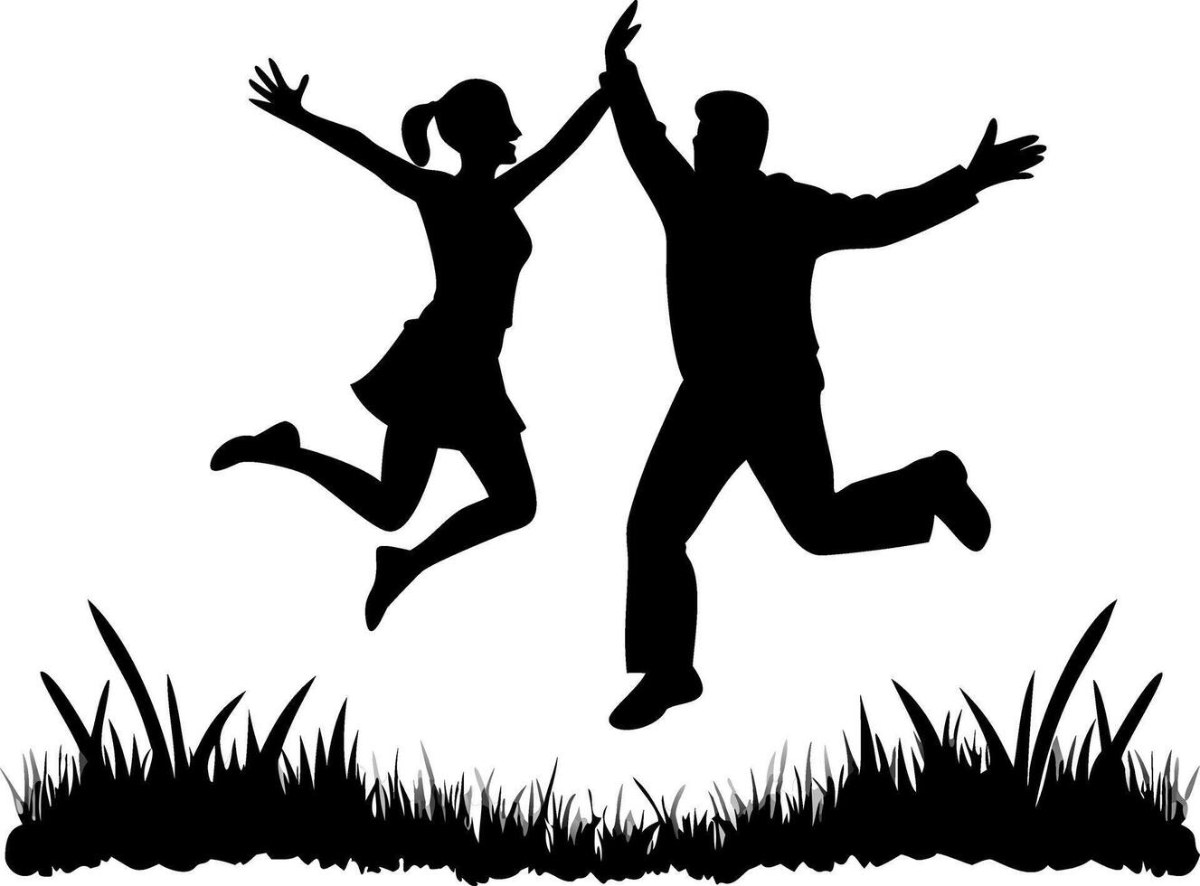 Silhouette Couple Jumping on Grass Art for Celebration and Happiness Themes vector