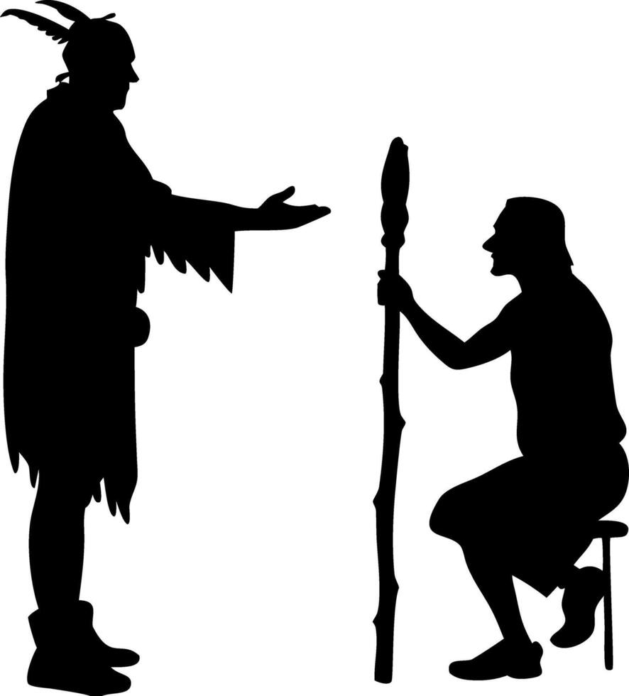 Silhouette Depiction of Historic Native American Encounter Scene vector