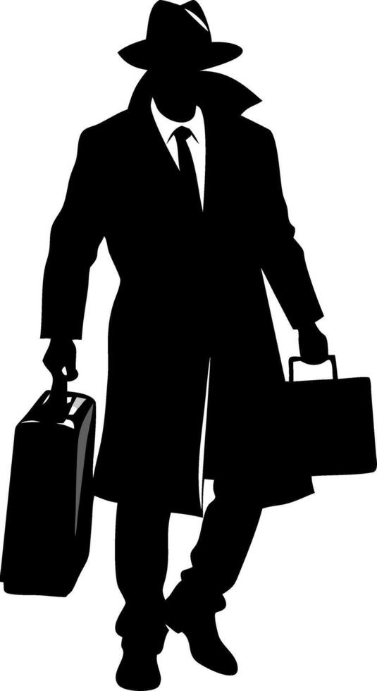 Silhouette Detective in Trench Coat with Briefcase Illustration vector