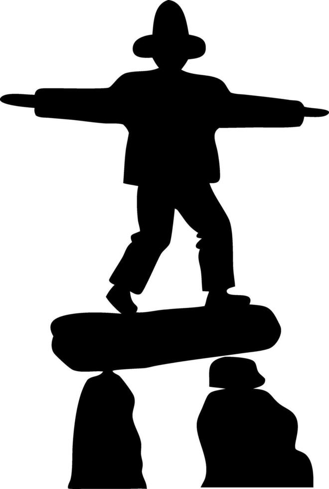 Silhouette Man Balancing on Rock in Cowboy Hat for Adventure and Balance Themes vector