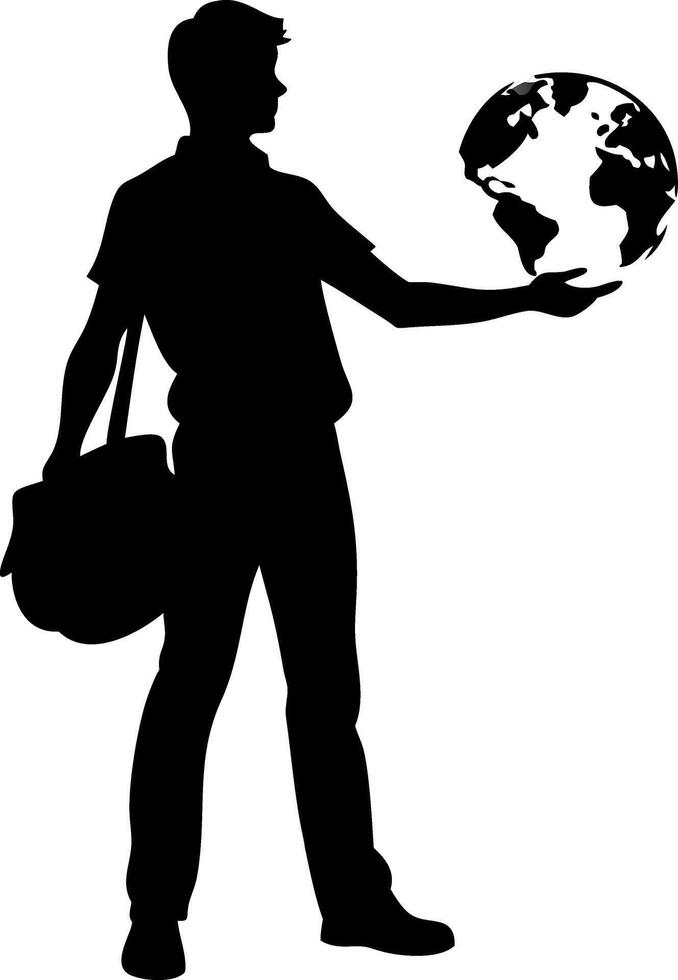 Silhouette Man Holding Globe Travel Concept for Business Adventure Design vector