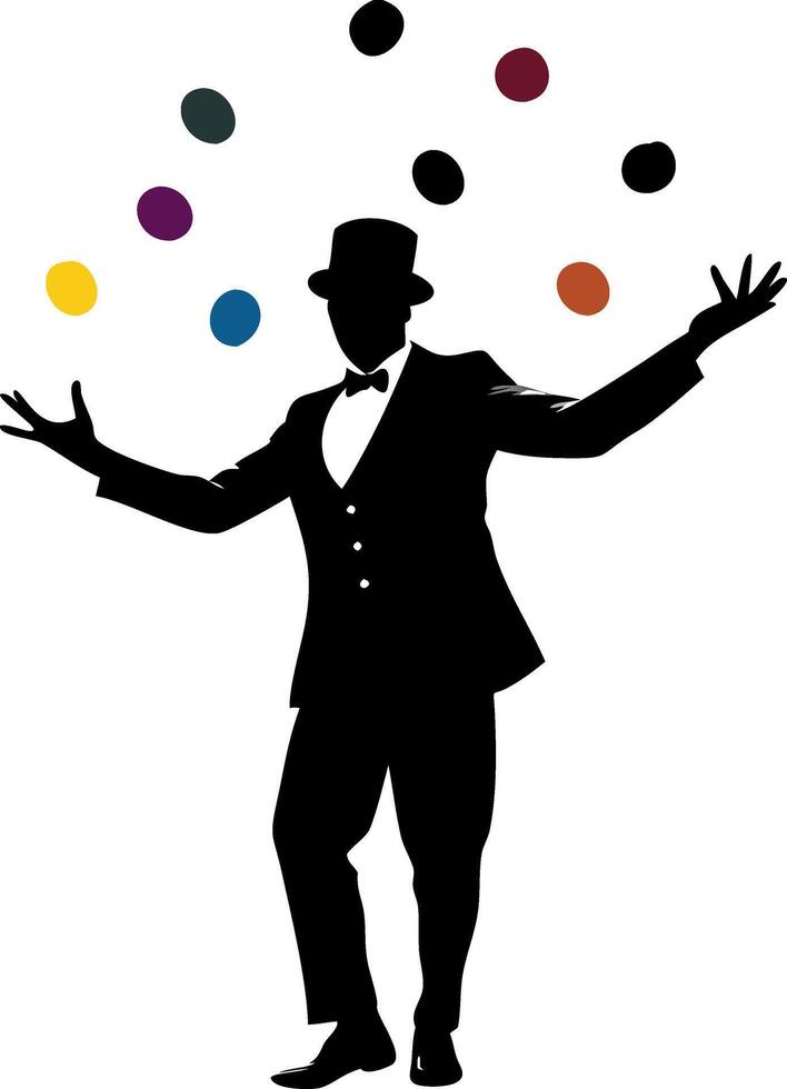 Silhouette Magician Juggler Performing Colorful Balls Classic Hat Tuxedo Art vector