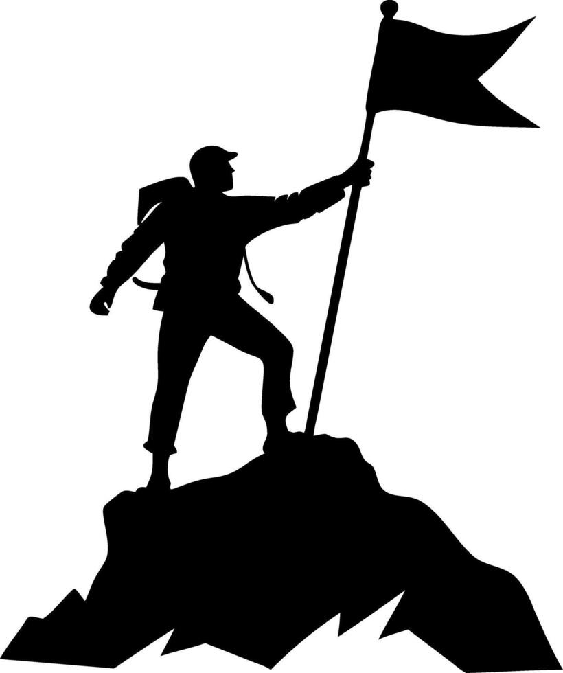 Silhouette Man Reaching Summit Flag on Mountain Peak Adventure Achievement vector