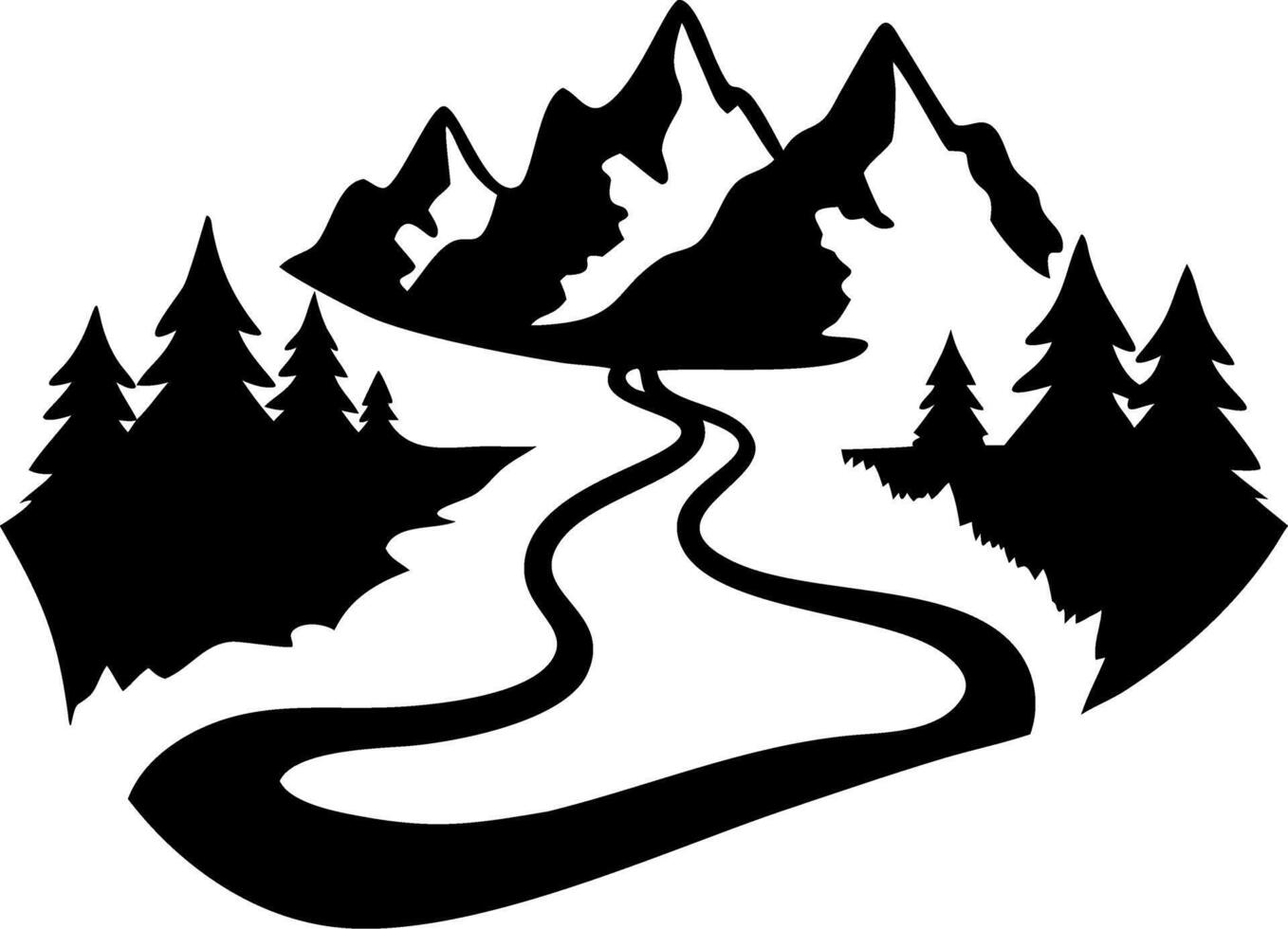 Silhouette Mountain Landscape with River and Pine Trees for Art and Outdoor Design vector