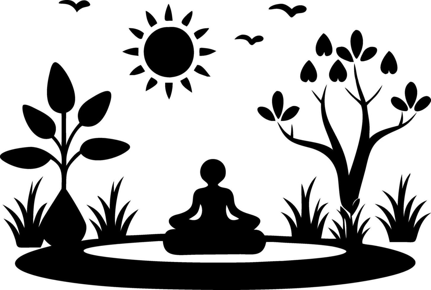 Silhouette Meditation Under Sun with Nature Elements for Relaxation and Peaceful Mindfulness vector