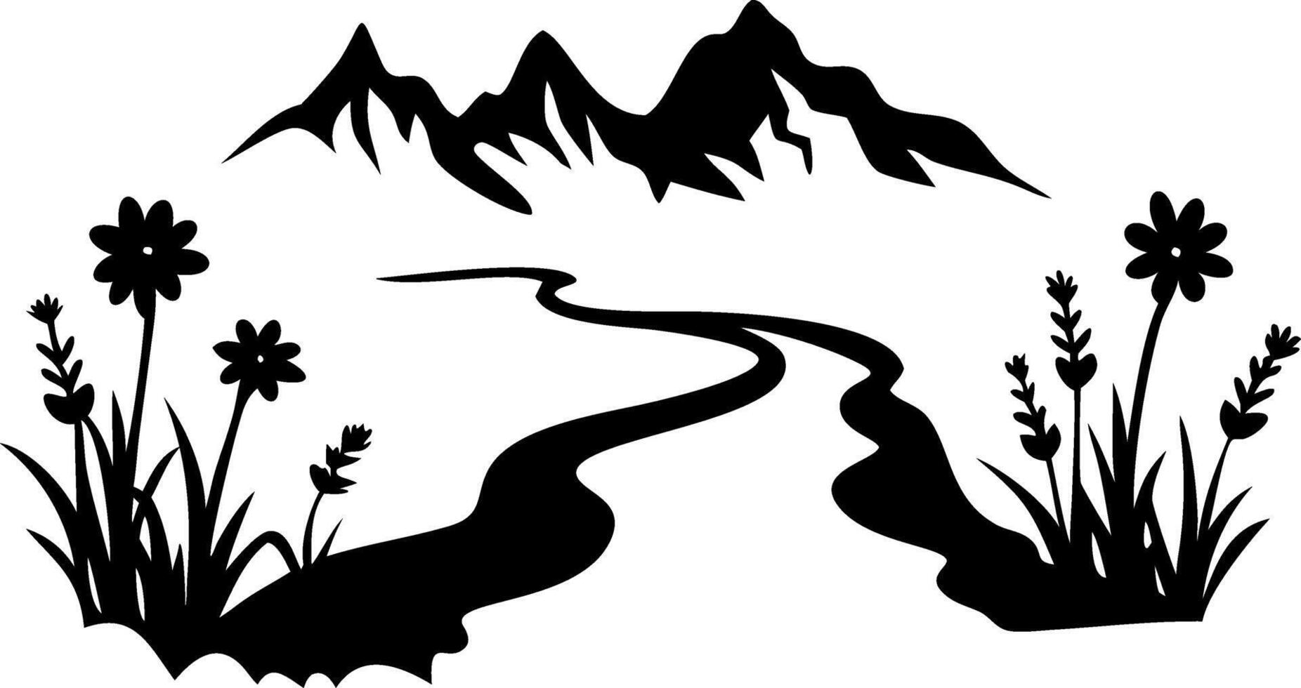 Silhouette Mountain and River Landscape with Floral Elements for Art and Design Projects vector