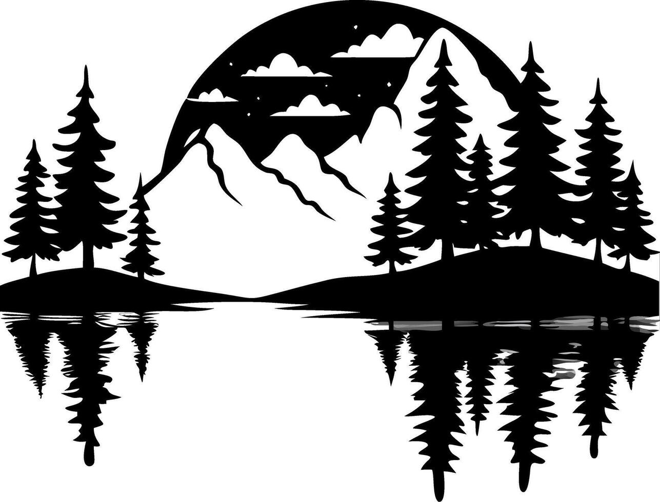 Silhouette Mountain Lake Pine Trees Reflection Night Sky Art vector