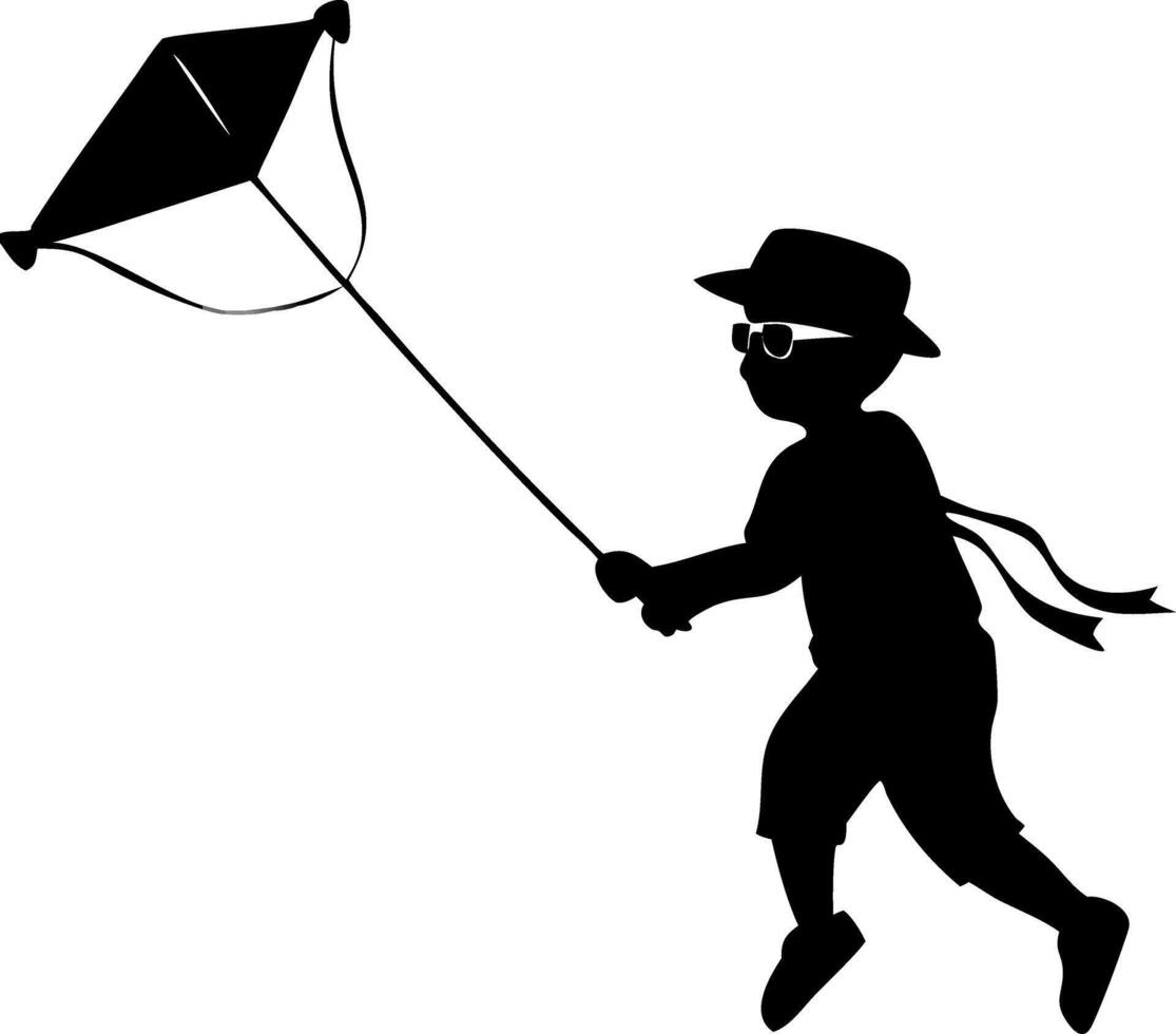Silhouette of a Child Flying a Kite in Summer for Creative Use vector
