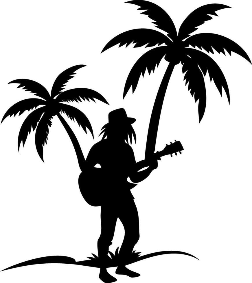 Silhouette Musician with Guitar under Tropical Palm Trees Island Scene vector