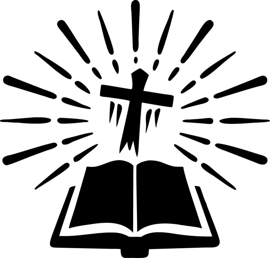 Silhouette of a Cross Above an Open Bible with Radiating Light Illustration vector