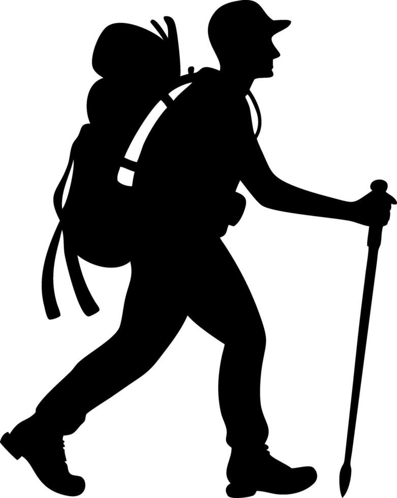 Silhouette of a Hiker with Backpack and Walking Stick for Outdoor Adventure Themes vector