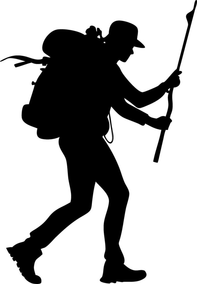 Silhouette of Adventurous Backpacker Trekking with Hiking Stick vector