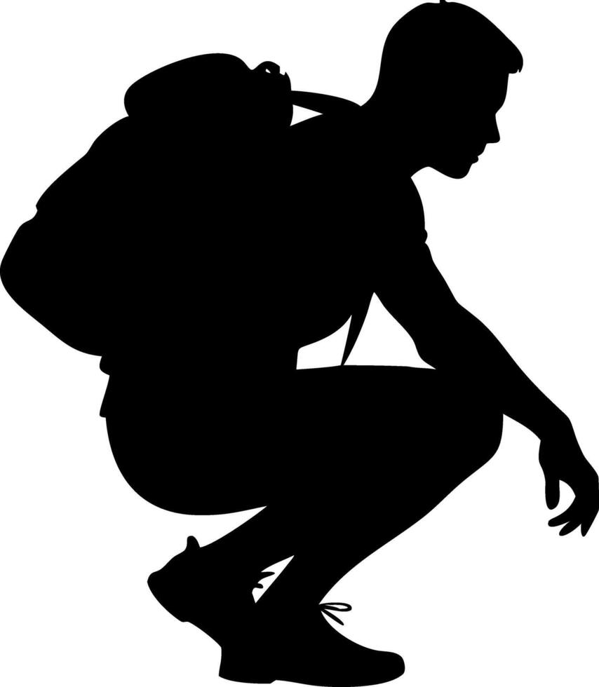 Silhouette of Backpacker Squatting Outdoor Adventure for Graphics and Design vector