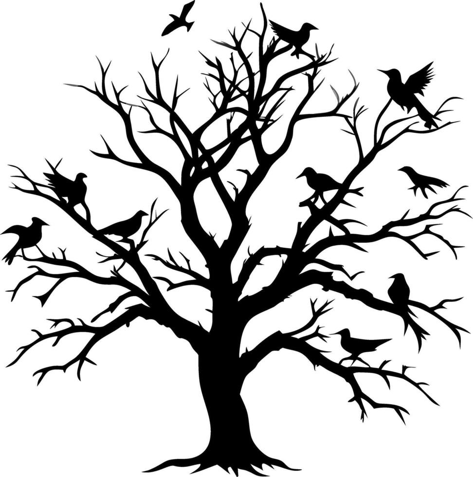 Silhouette of Birds Perched on Bare Tree Branches Illustration for Nature Projects vector
