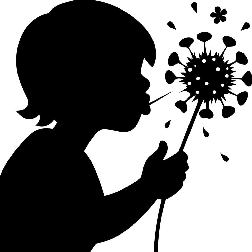 Silhouette of Child Blowing Dandelion Seeds Symbolizing Innocence and Playful Childhood vector
