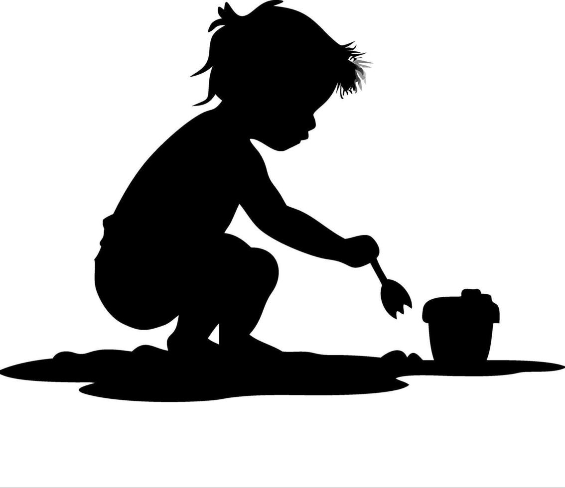 Silhouette of Child Playing in Sand with Bucket and Shovel Art vector