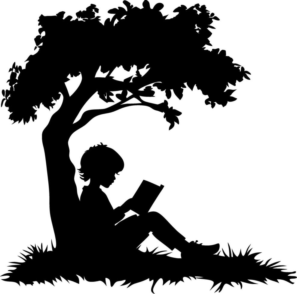 Silhouette of Child Reading Under Tree Peaceful Illustration vector