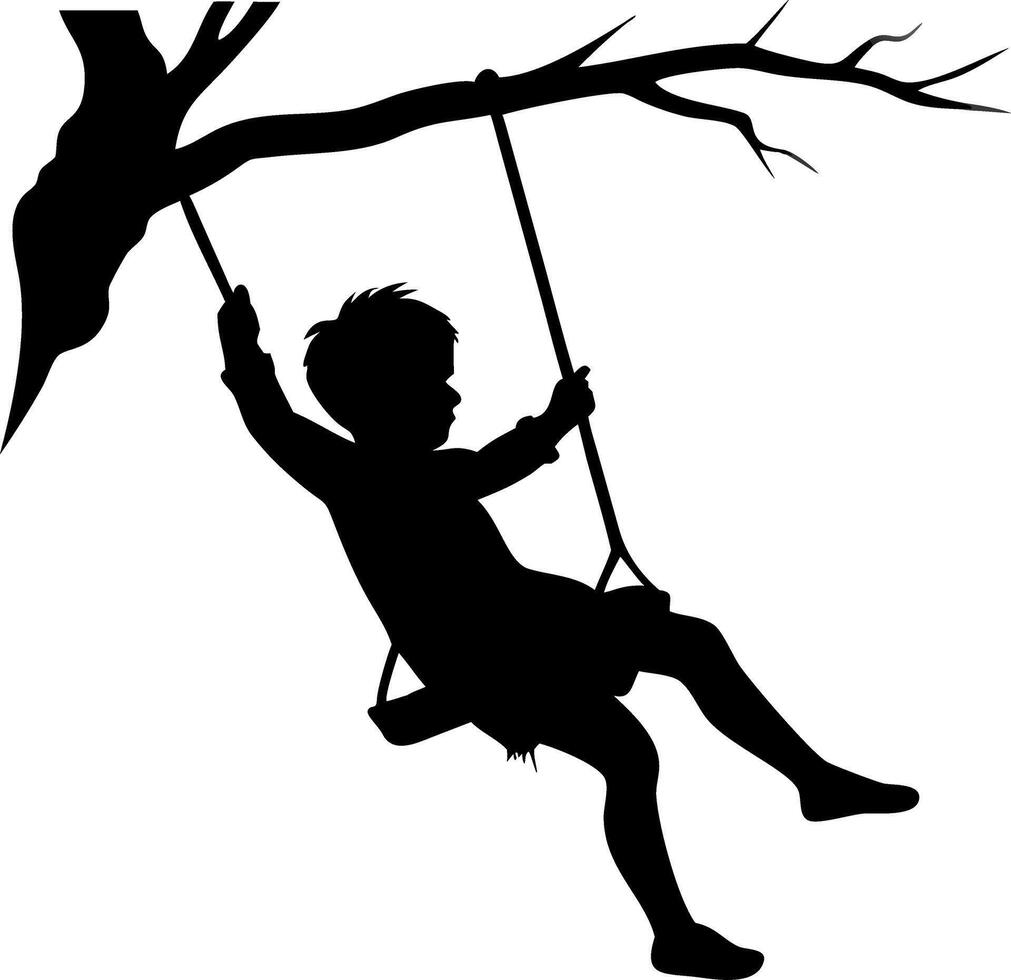 Silhouette of Child Swinging on Tree Branch for Art and Design Projects vector