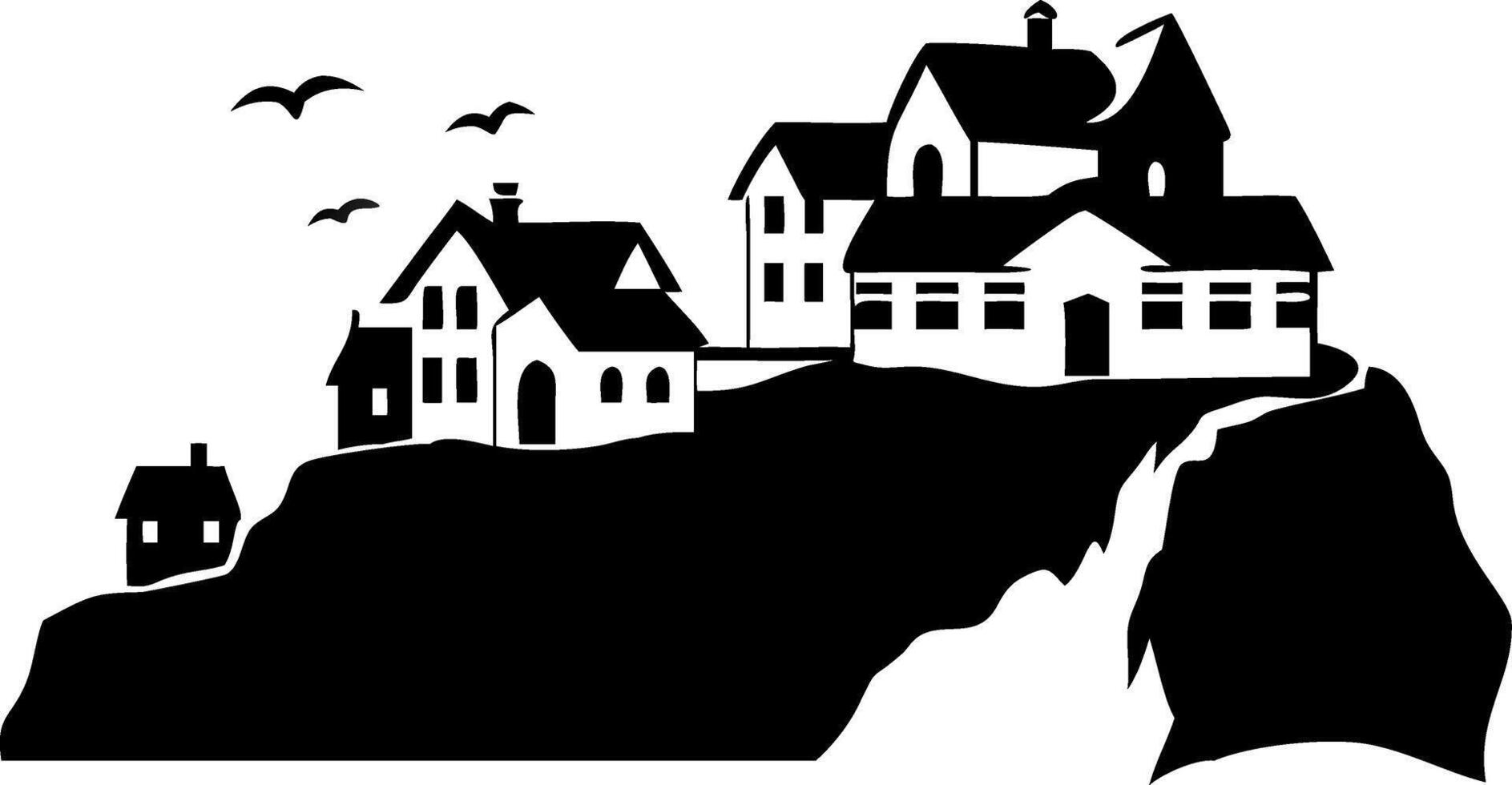 Silhouette of Cliffside Village with Birds Flying Overhead for Illustrations and Designs vector