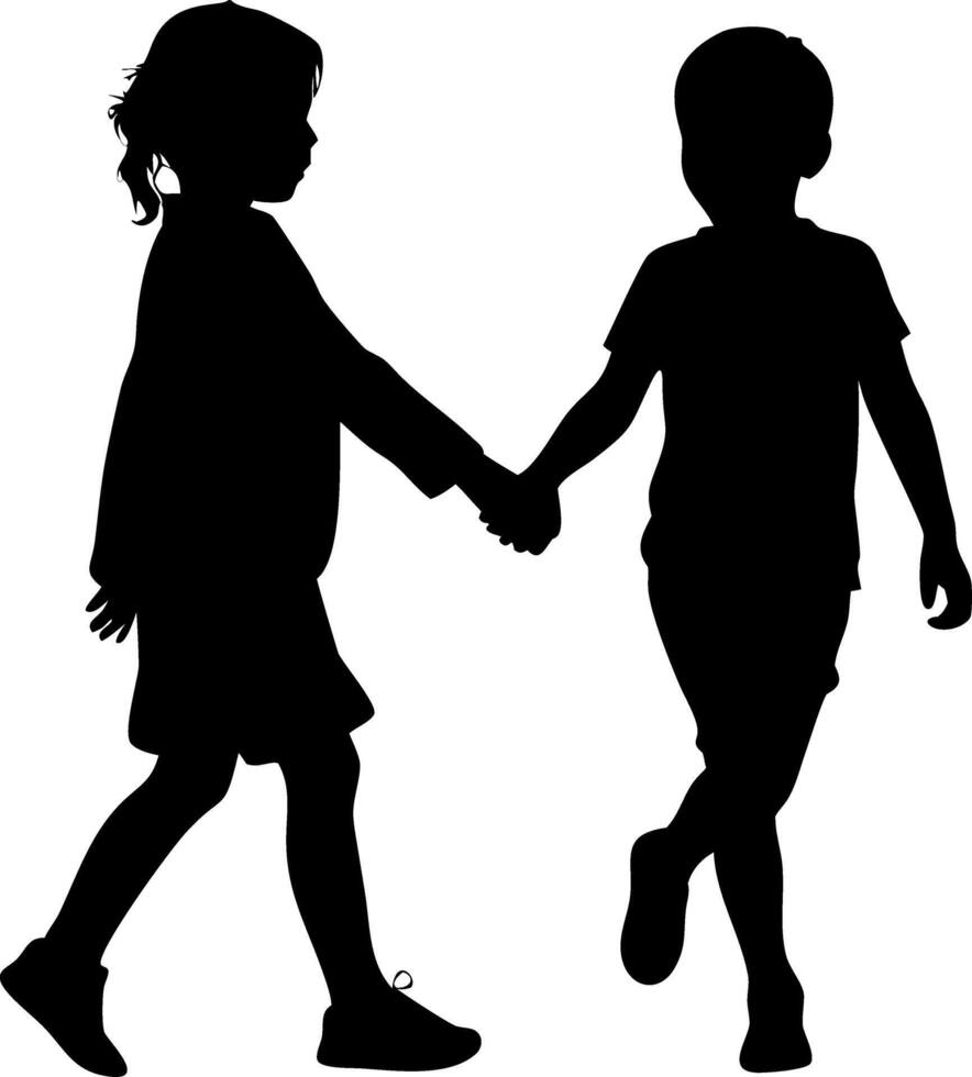 Silhouette of Children Holding Hands Friendship Concept Art for Illustrations vector