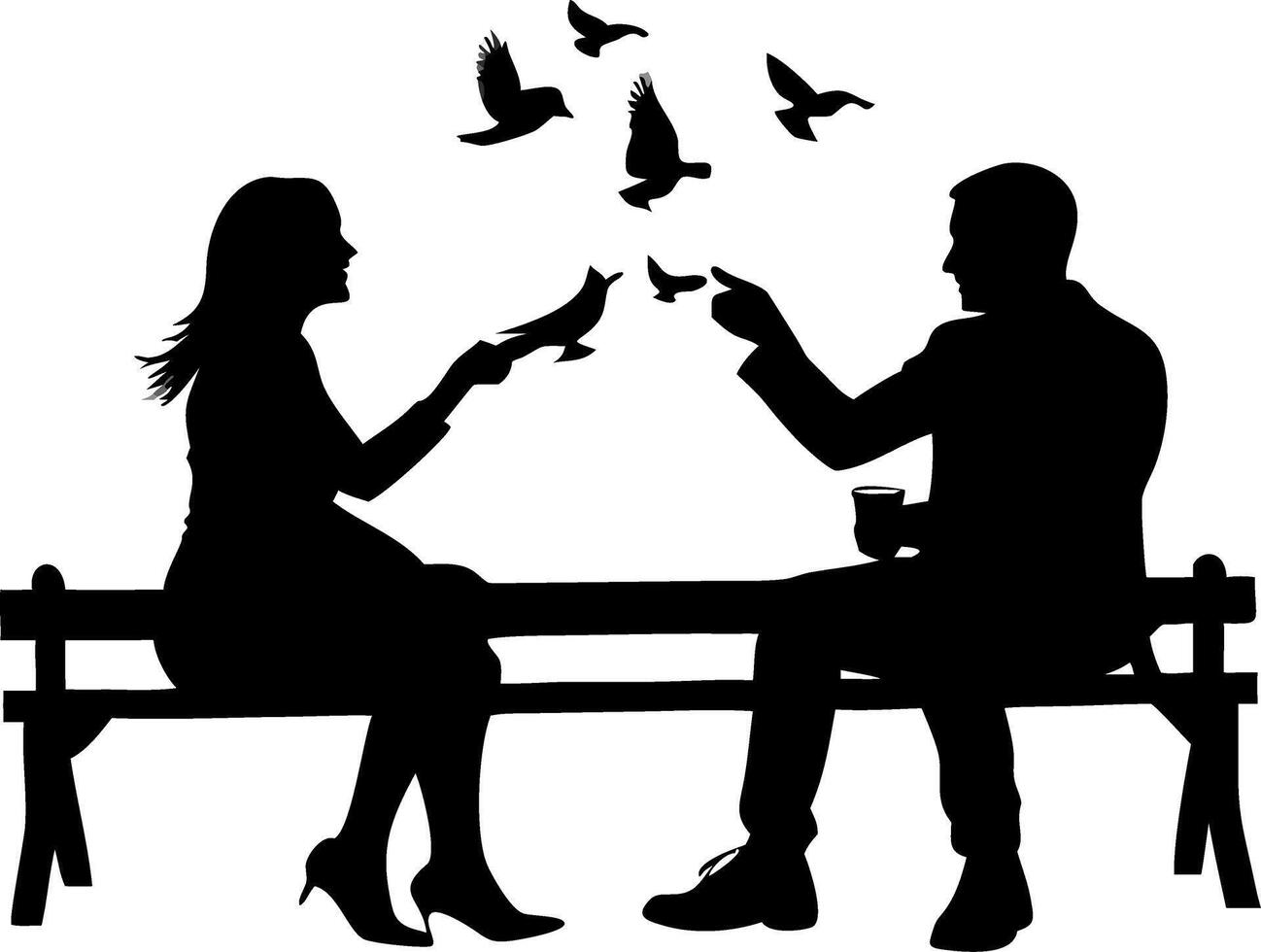 Silhouette of Couple Feeding Birds on Park Bench Art vector