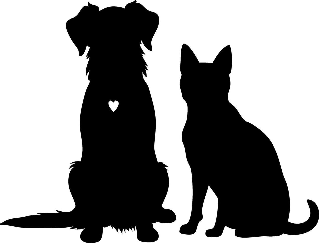 Silhouette of Dog with Heart and Cat Sitting Together for Pet Love Design vector