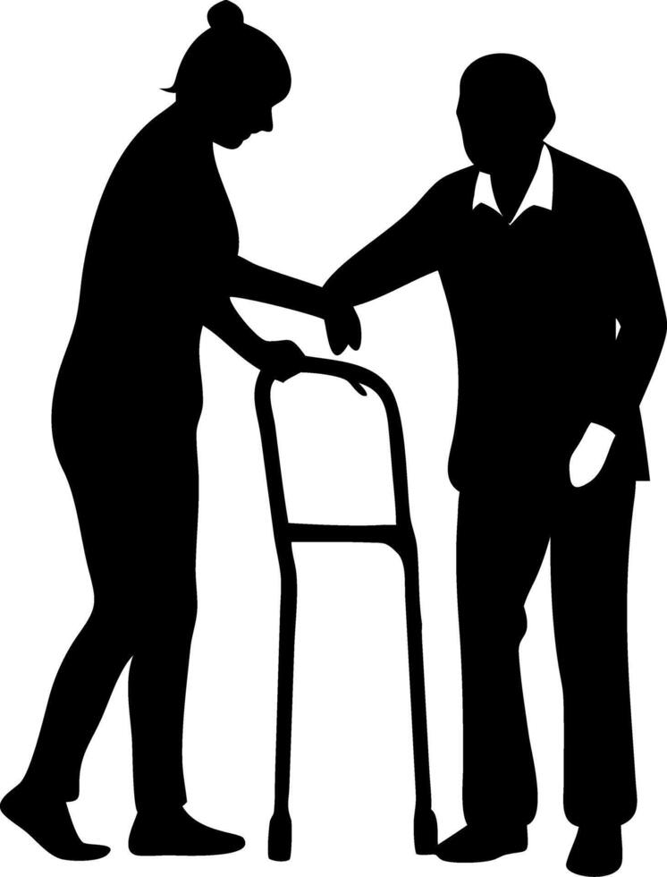 Silhouette of Elderly Caregiver Assisting Senior with Walker Illustration vector