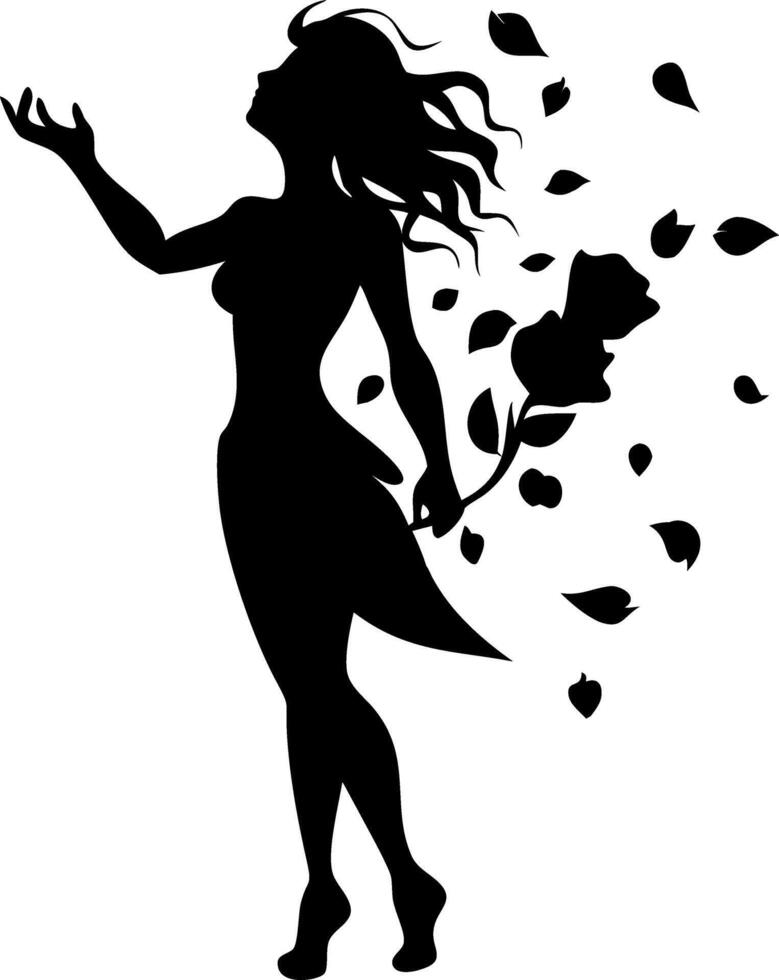 Silhouette of Elegant Woman With Flowing Hair and Flower Petals for Art and Design vector
