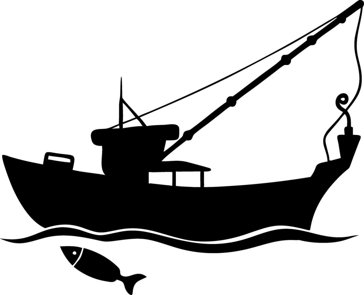 Silhouette of Fishing Boat with Fish and Waves Nautical Illustration vector