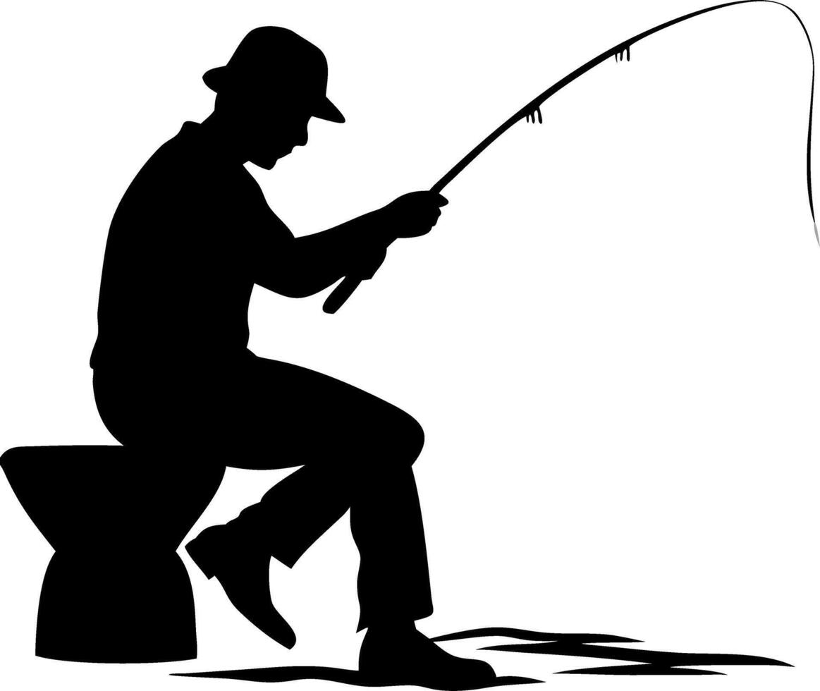 Silhouette of Fisherman Sitting and Holding Fishing Rod for Art and Design Projects vector