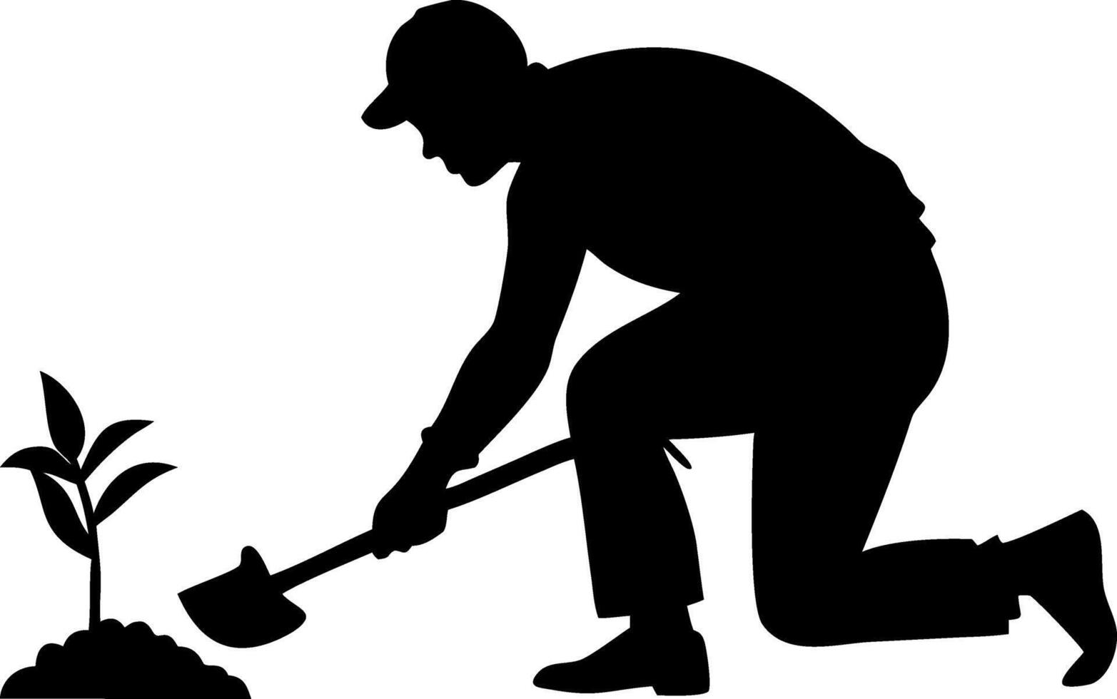 Silhouette of Gardener Planting Seedling with Shovel Illustration vector