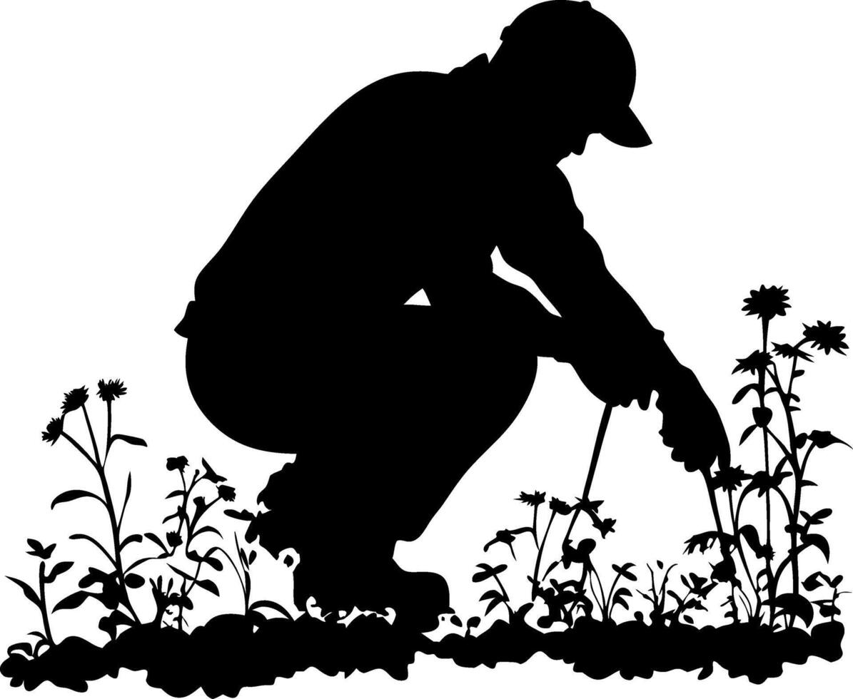 Silhouette of Gardener Kneeling Over Flower Bed for Home Gardening and Plant Care vector