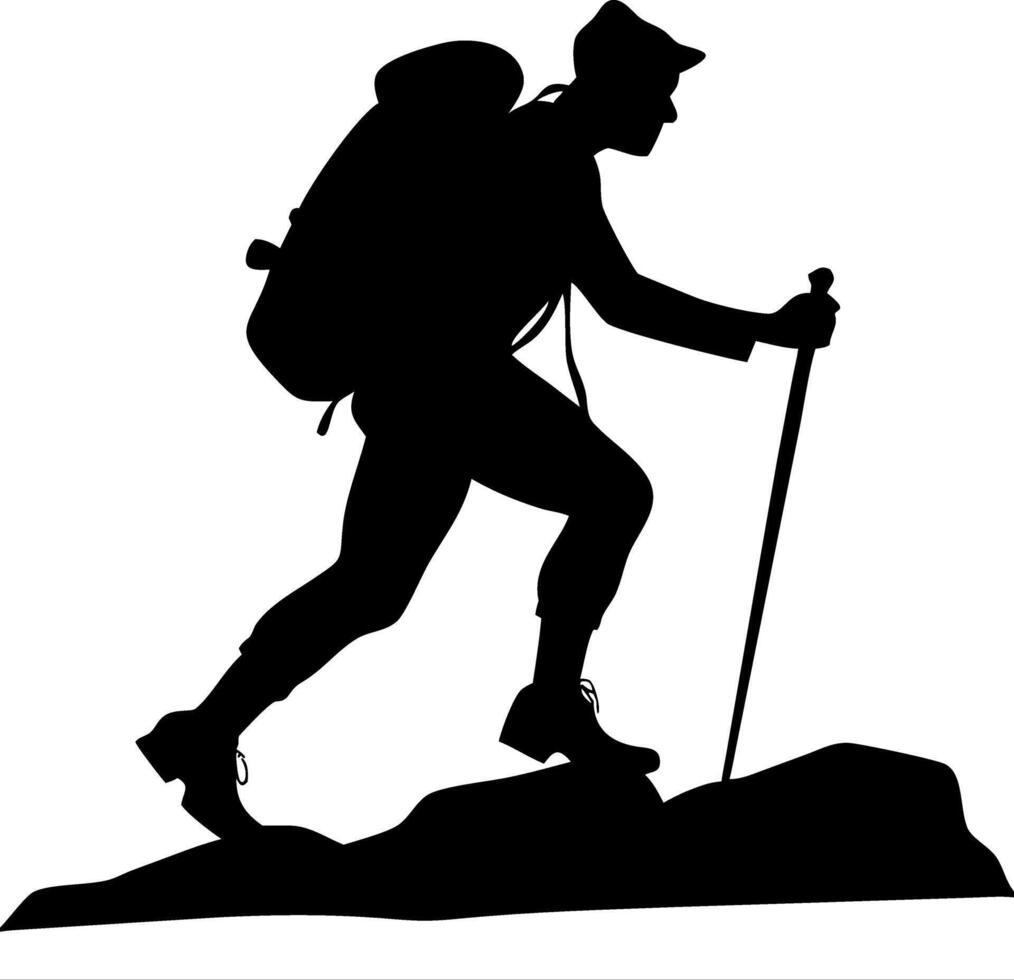 Silhouette of Hiker Trekking Mountain with Backpack and Walking Stick vector
