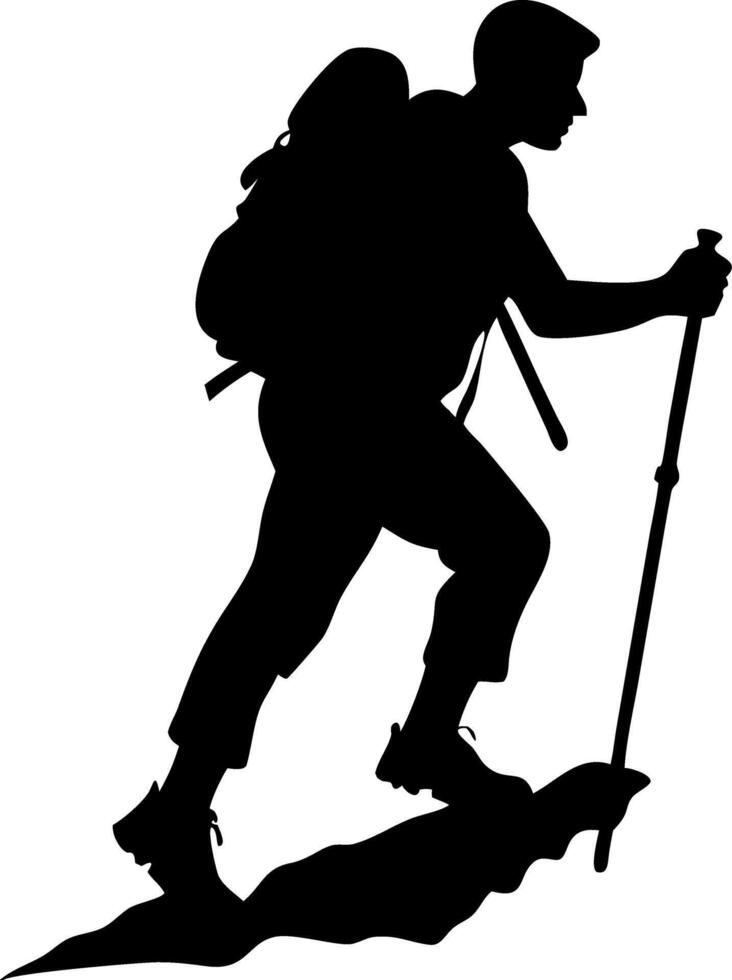 Silhouette of Hiker with Backpack and Trekking Pole for Outdoor Adventure Themes vector