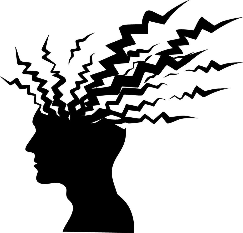 Silhouette of Human Head with Zigzag Lines Representing Anxiety and Stress Concept Art vector