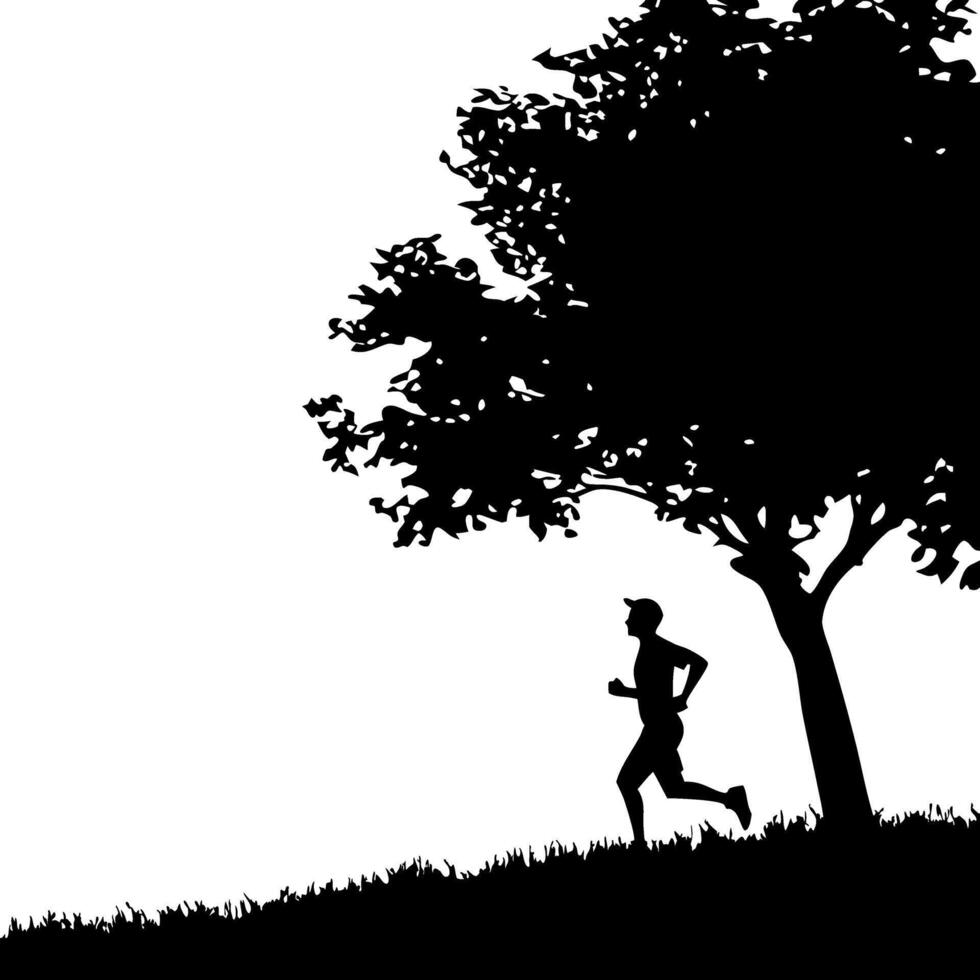 Silhouette of Jogger Running by Tree in Scenic Nature Illustration vector