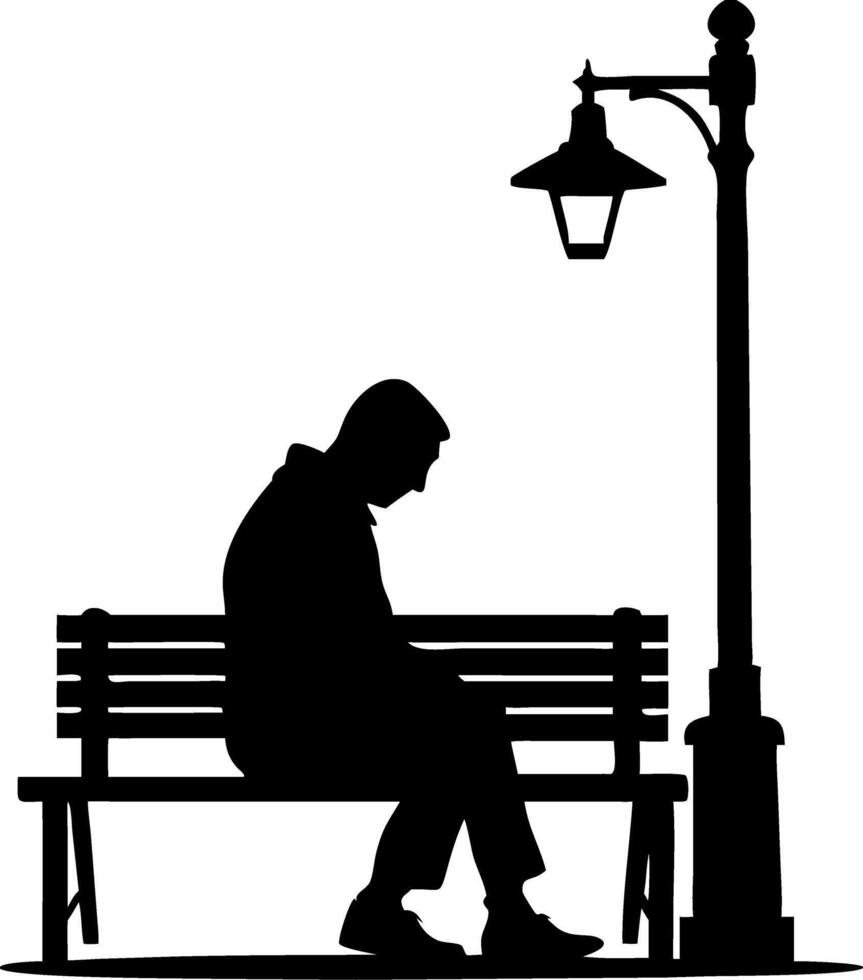 Silhouette of Lonely Man Sitting on Park Bench with Streetlamp at Night for Minimalist Designs vector