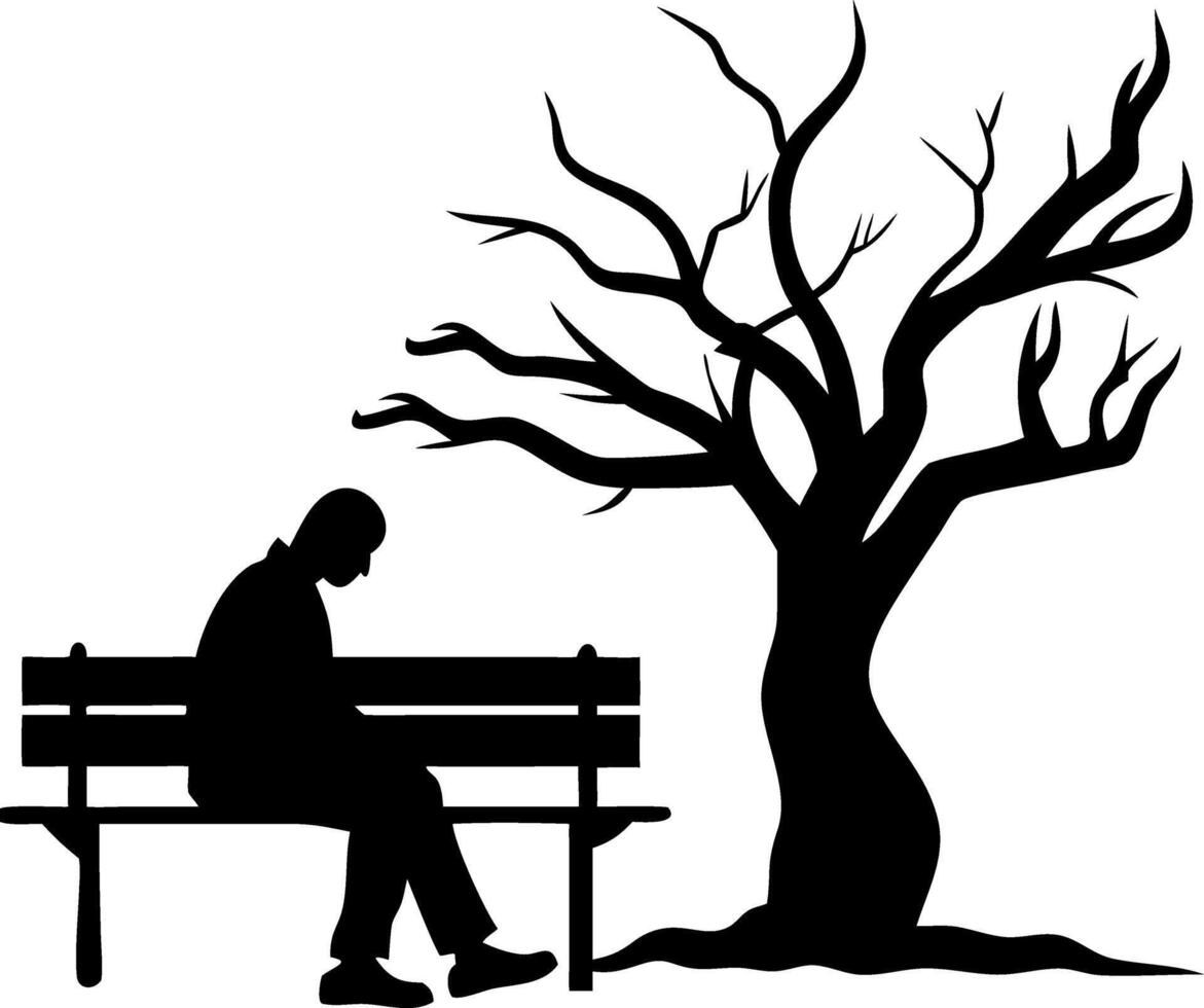 Silhouette of Lonely Man Sitting on Bench by Bare Tree Illustration vector