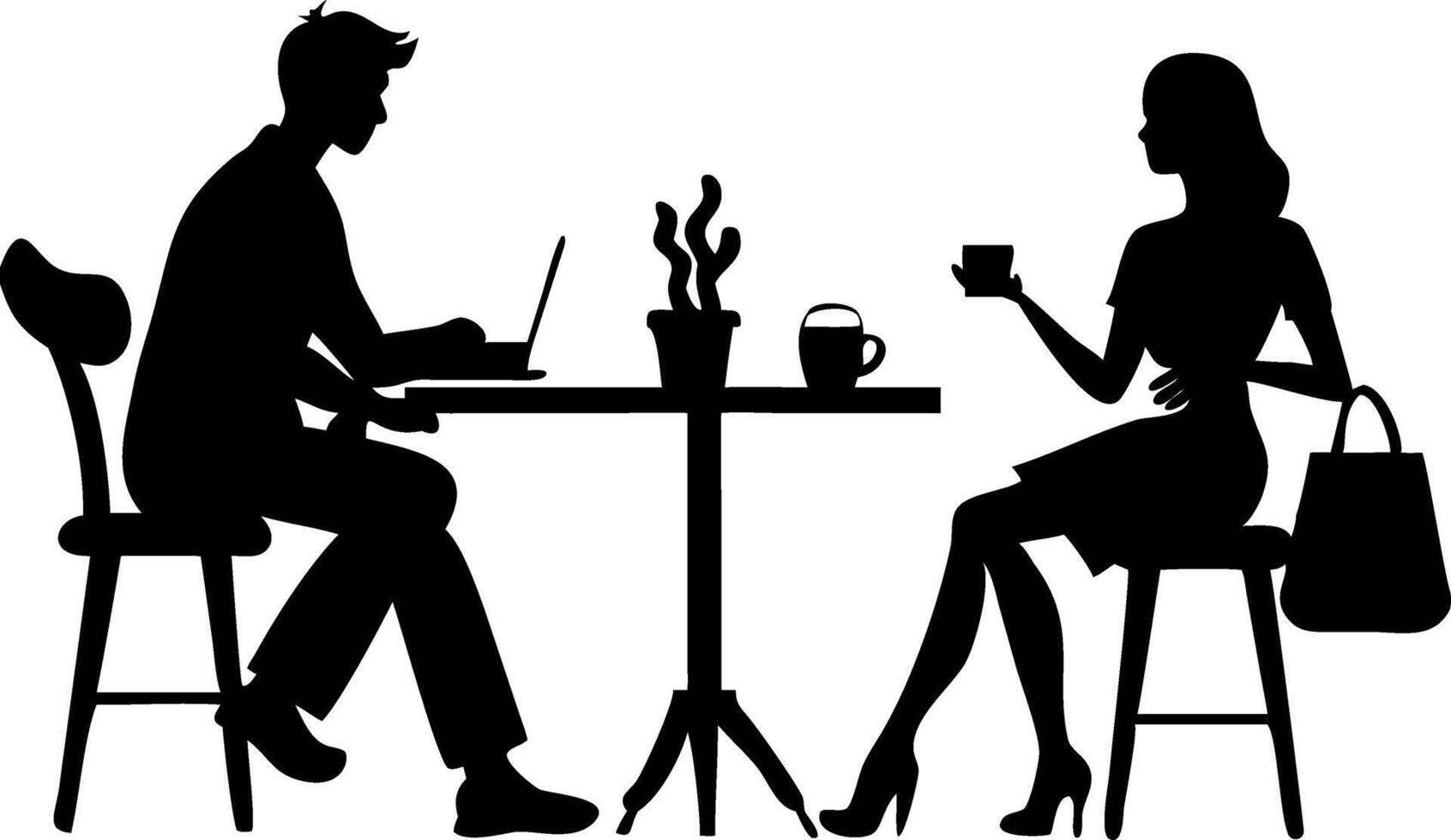 Silhouette of Man and Woman at Cafe Table with Coffee and Laptop vector
