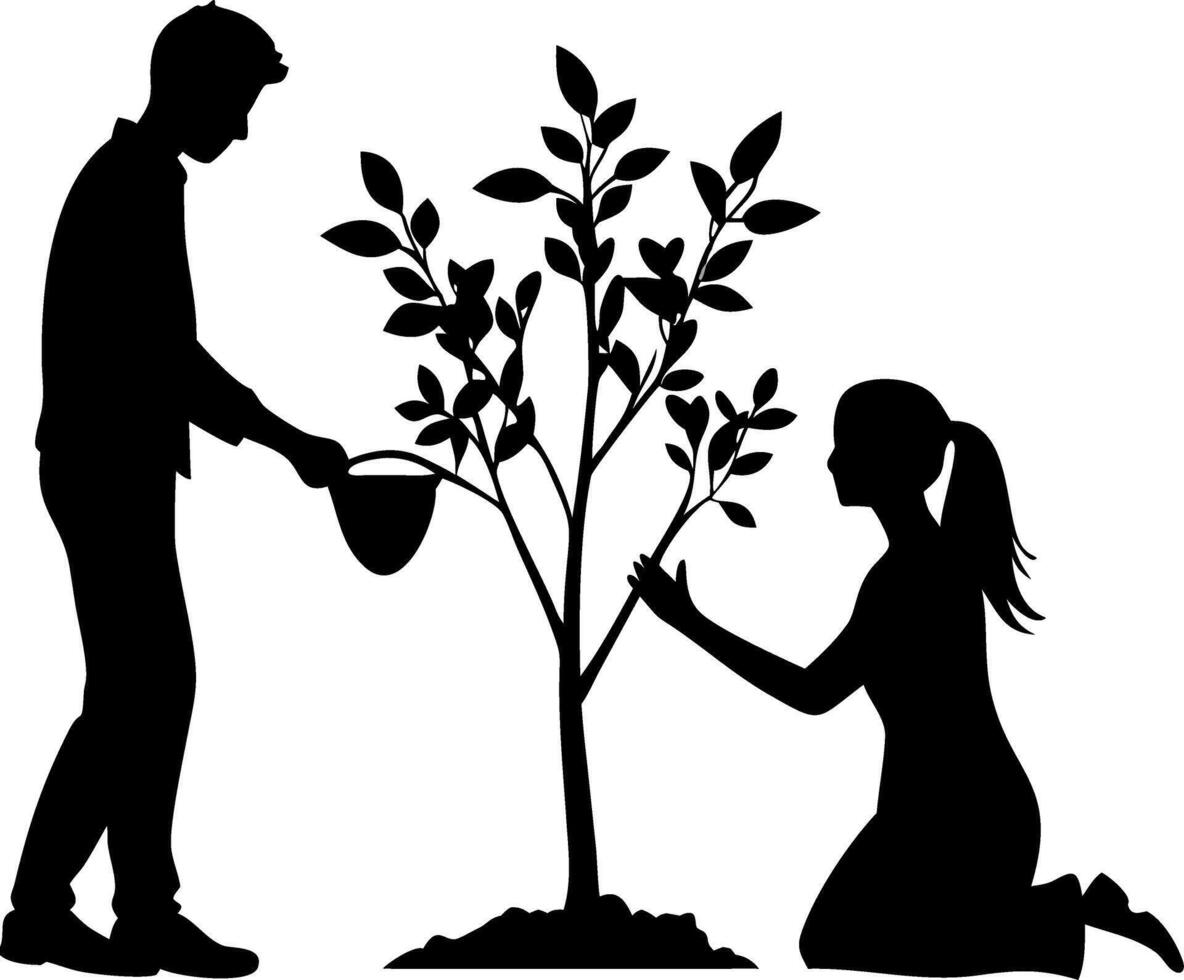 Silhouette of Man and Woman Caring for Tree Nurturing Nature Illustration vector