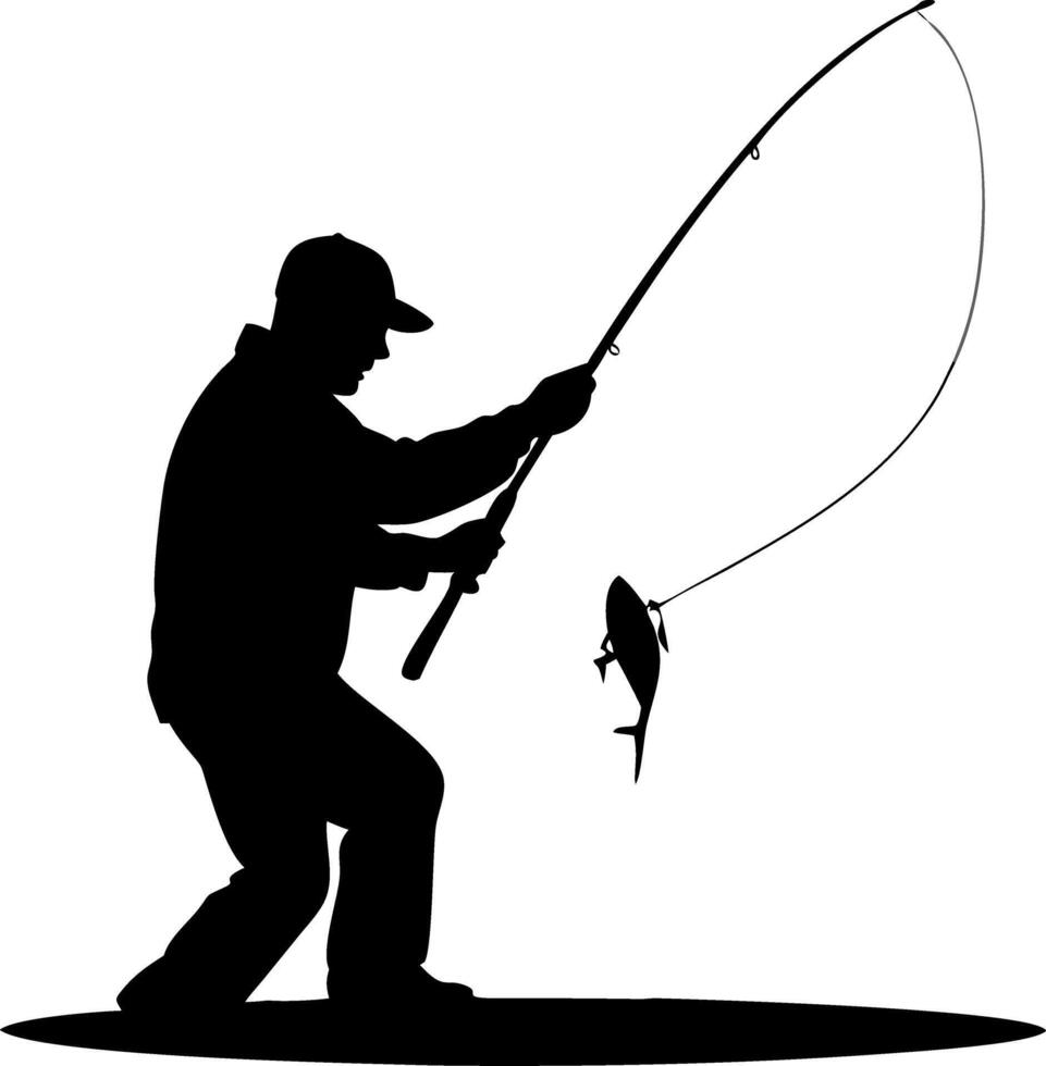 Silhouette of Man Fishing with Rod and Catch for Outdoor Recreation Art vector